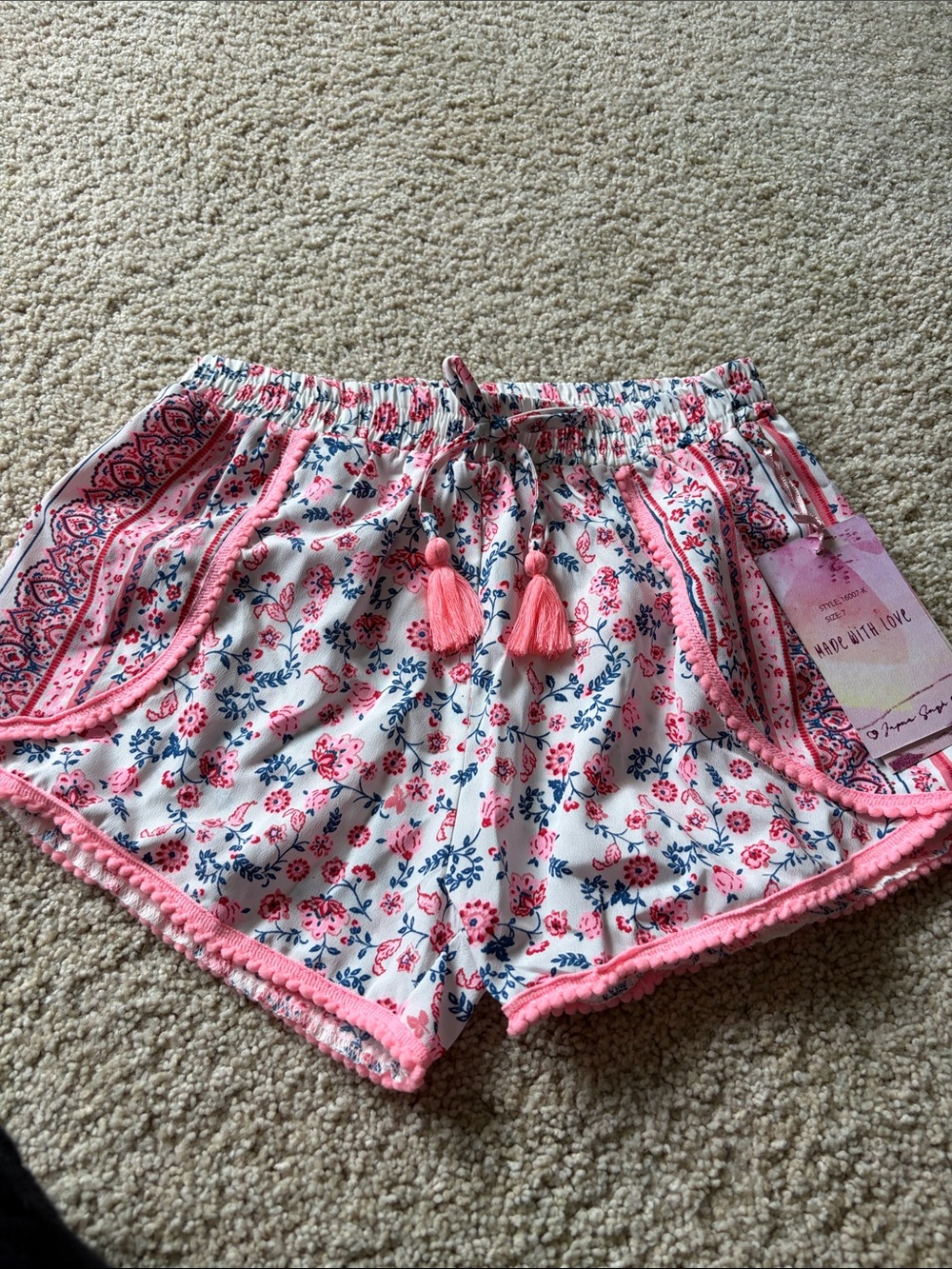 Girls White Floral Shorts with Pink Trim and Tassel Drawstring